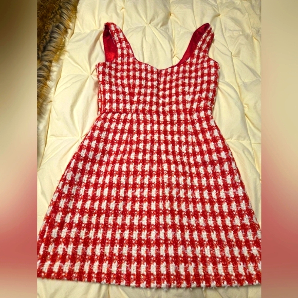 Self-Portrait,Sparkling Red And White Mini Houndstooth Dress.🥰 - Picture 9 of 14